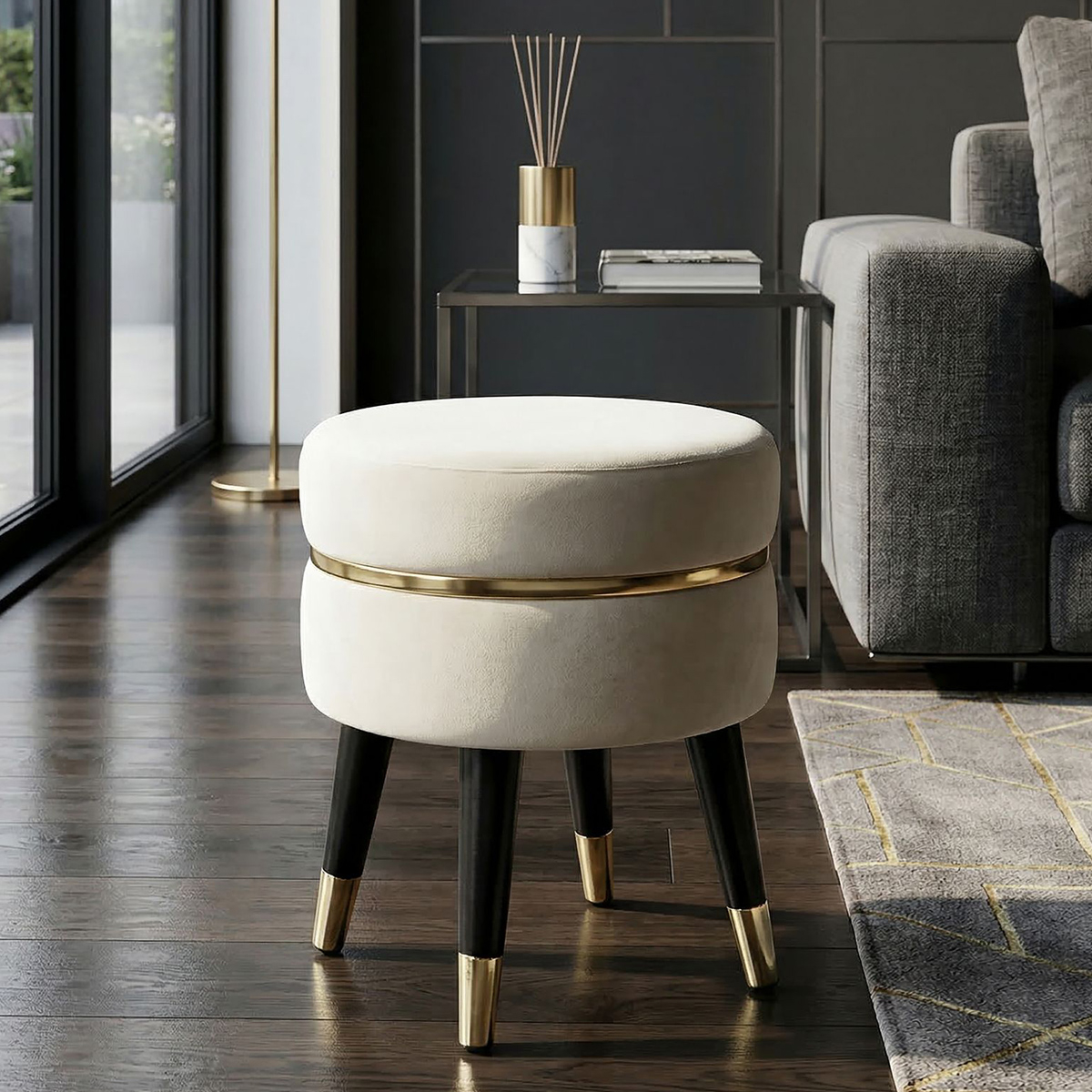 Round Padded Velvet Effect Stool Paris Gold Mauro Ferretti — 2