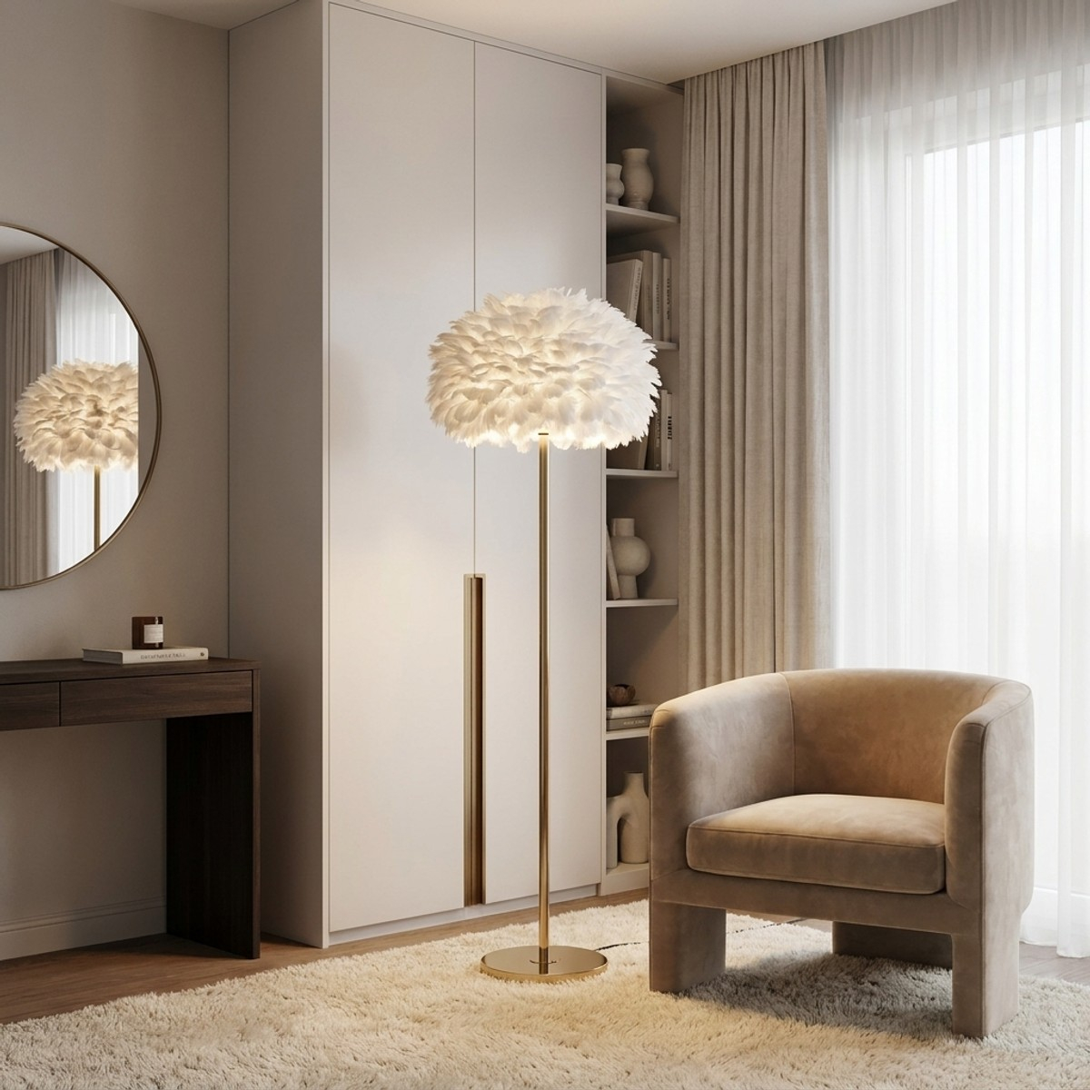 Feathers Slim Metal Floor Lamp with Feather Lampshade — 2