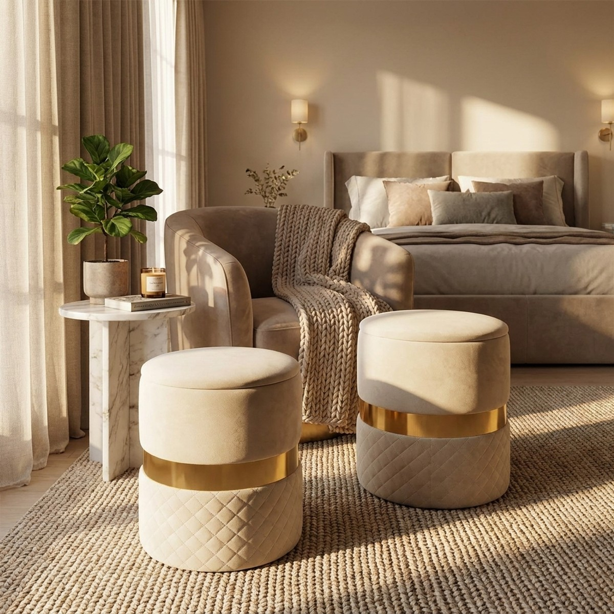 Set of 2 Round Upholstered Storage Ottomans Sheffild — 2