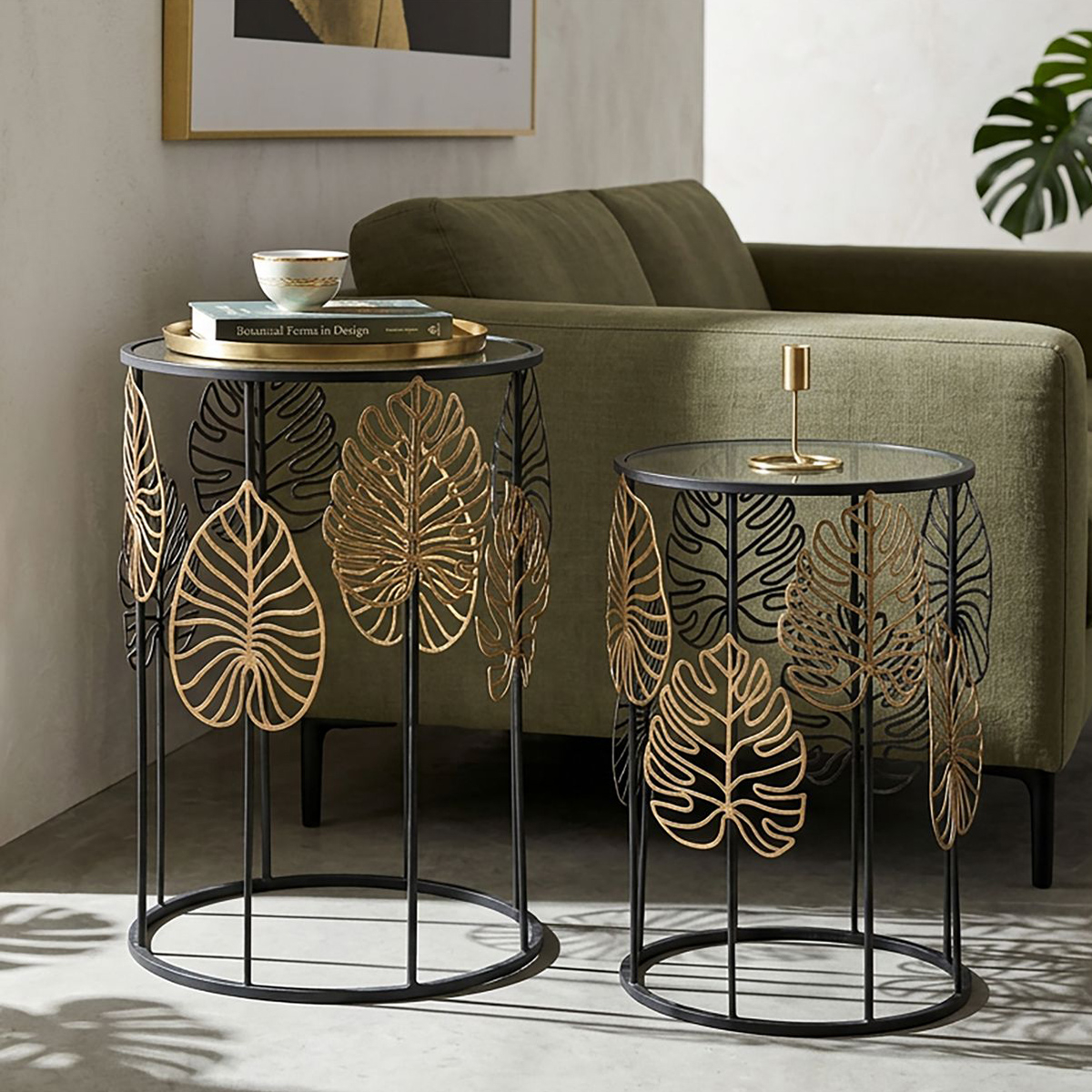 Set of 2 Round Coffee Tables in Metallo and Glass Foglie Glam — 2