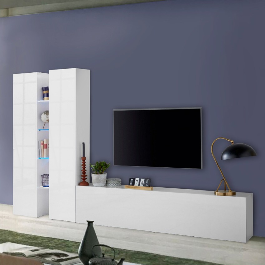 Modern White Living Room Wall Unit with TV Stand 4 Shelves and 2 Cabinets Sage WH — 2