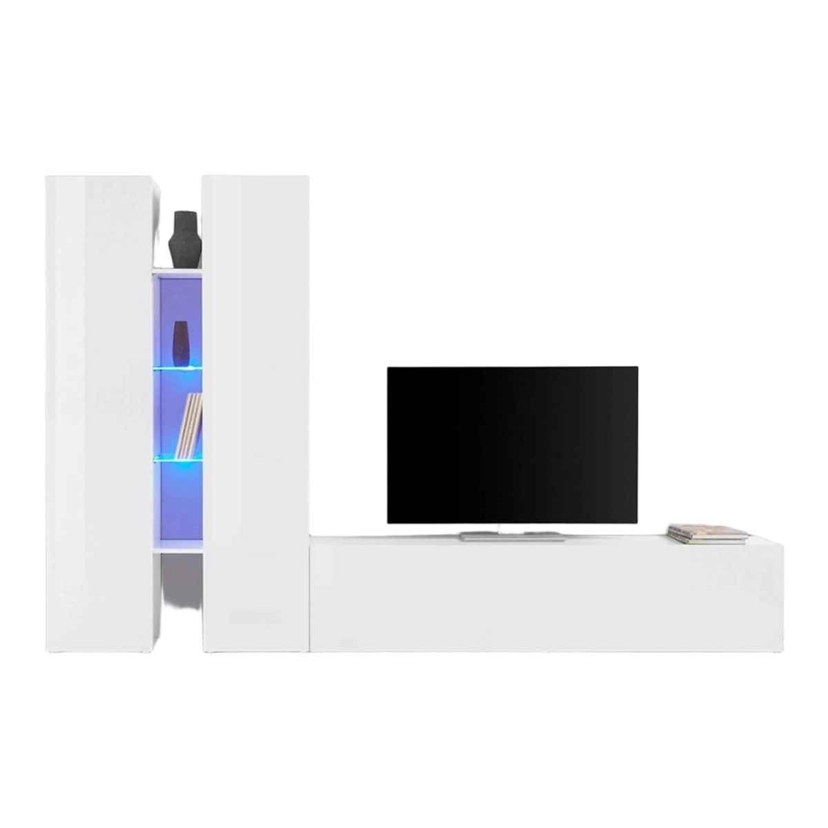 Modern White Living Room Wall Unit with TV Stand 4 Shelves and 2 Cabinets Sage WH — 4