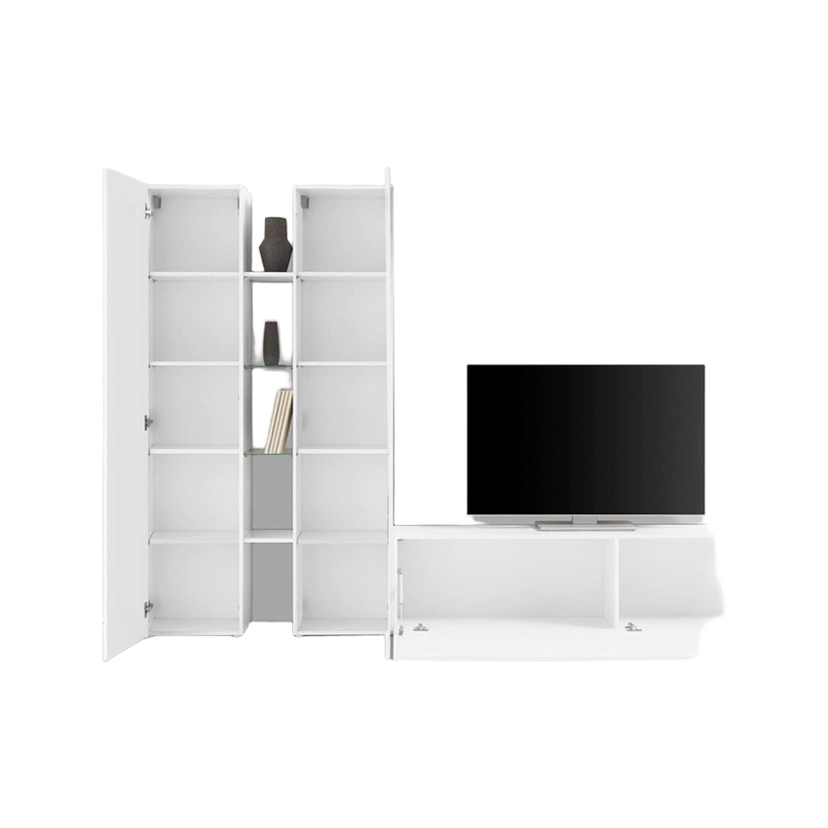 Modern White Living Room Wall Unit with TV Stand 4 Shelves and 2 Cabinets Sage WH — 5