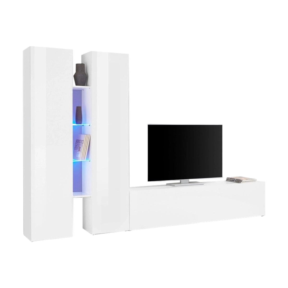 Modern White Living Room Wall Unit with TV Stand 4 Shelves and 2 Cabinets Sage WH — 1