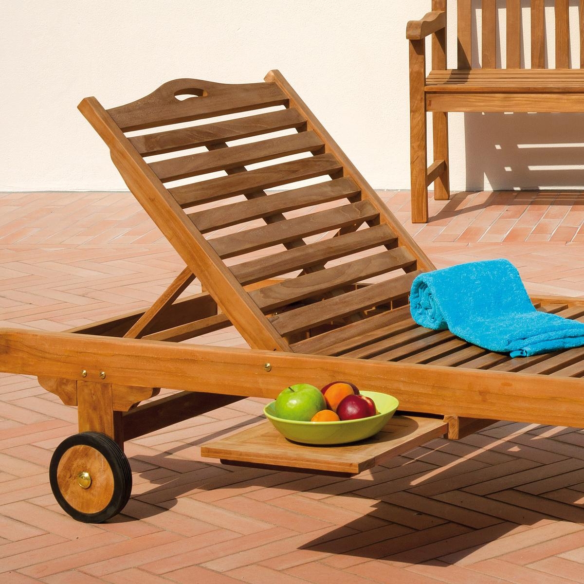 Carloforte Teak Wood Garden Sun Lounger with Wheels and Tray Kedels — 3