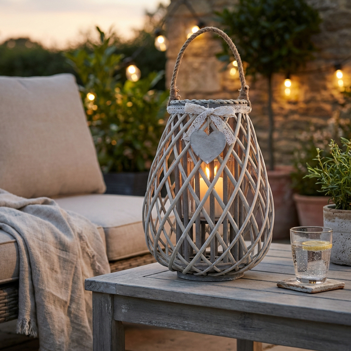 Simonne Tabletop Wicker and Glass Lantern — 3