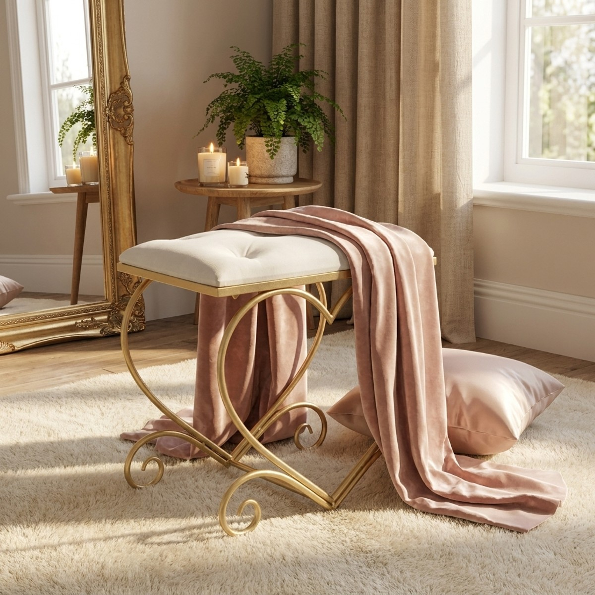 Heart Padded Stool in Metal and Velvet Effect Fabric — 2
