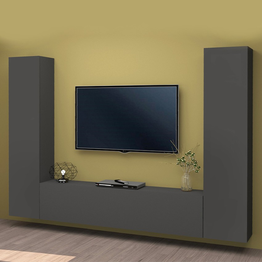 Modern Grey Floating Wall Unit with TV Stand and 2 Cabinets Vibe RT — 2