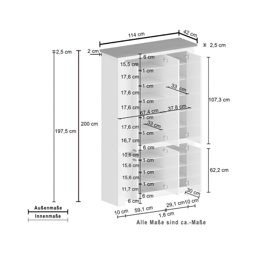 Large Multipurpose Shoe Cabinet 6 Doors White 114x42x200cm Elaisa — 10