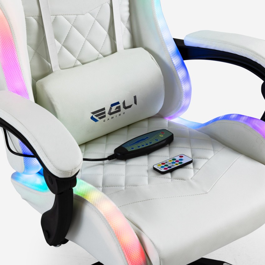 Ergonomic White Gaming Chair with Massager and LED Lights Pixy Plus Egli — 15