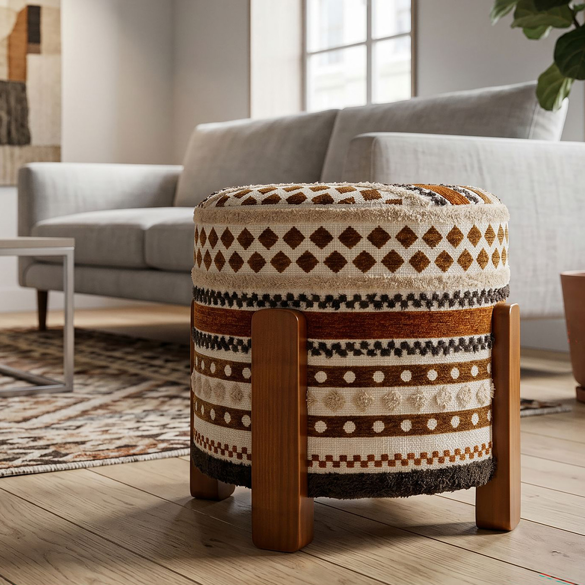 Mombasa Artful Accent Round Upholstered Footstool Pouf — 3