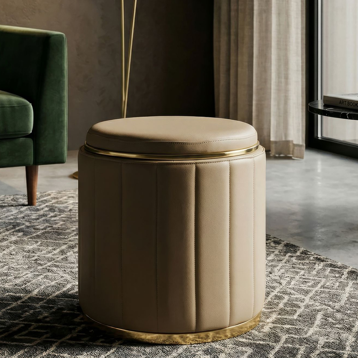 Round Padded Storage Ottoman in PU London Mauro Ferretti — 2