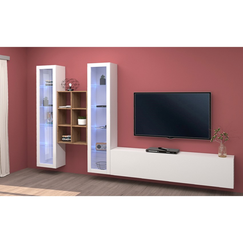 Wall-mounted TV unit white with 2 display cabinets and bookcase Yves WH — 5