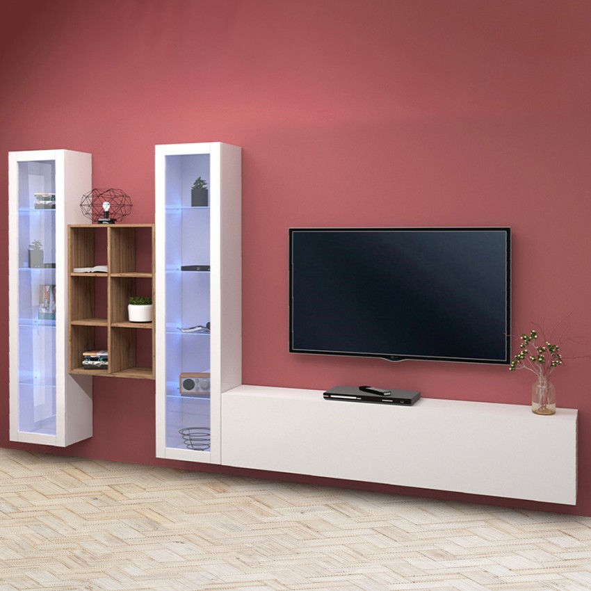 Wall-mounted TV unit white with 2 display cabinets and bookcase Yves WH — 2