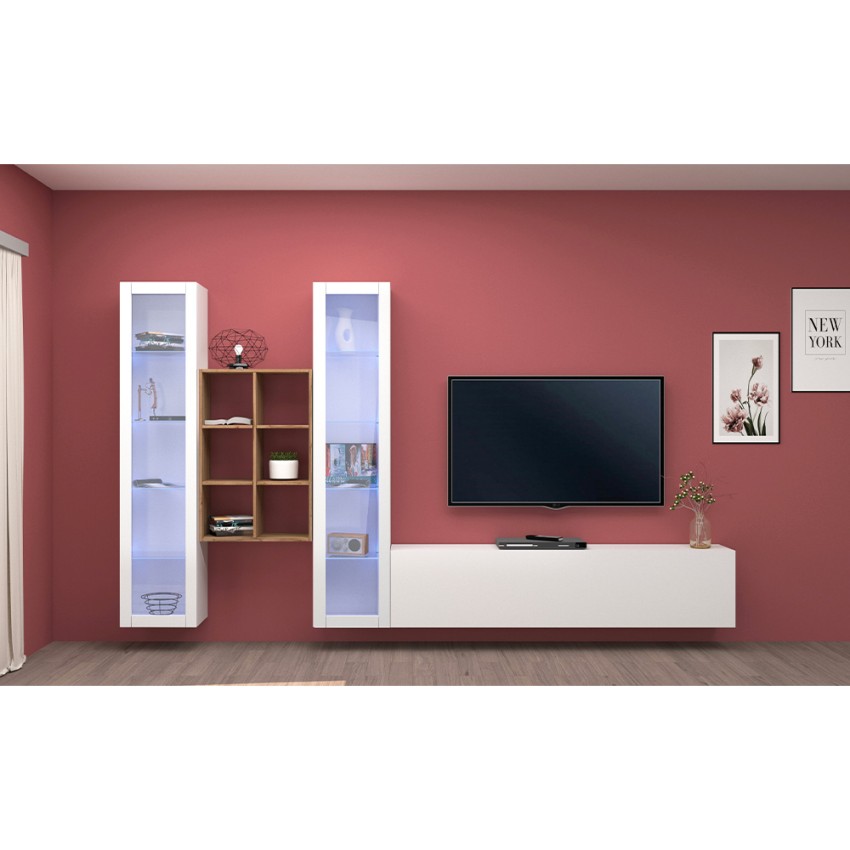 Wall-mounted TV unit white with 2 display cabinets and bookcase Yves WH — 3