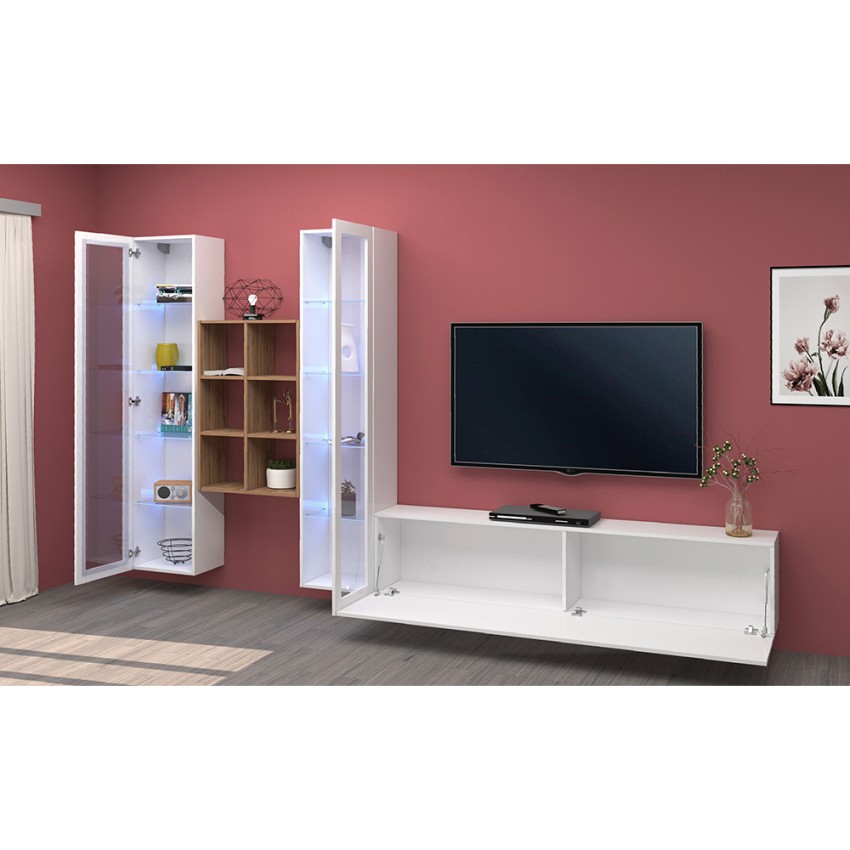 Wall-mounted TV unit white with 2 display cabinets and bookcase Yves WH — 6