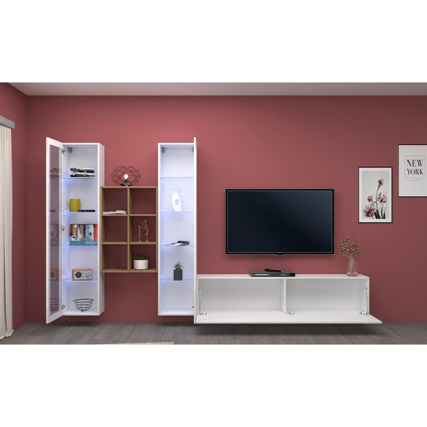 Wall-mounted TV unit white with 2 display cabinets and bookcase Yves WH — 4