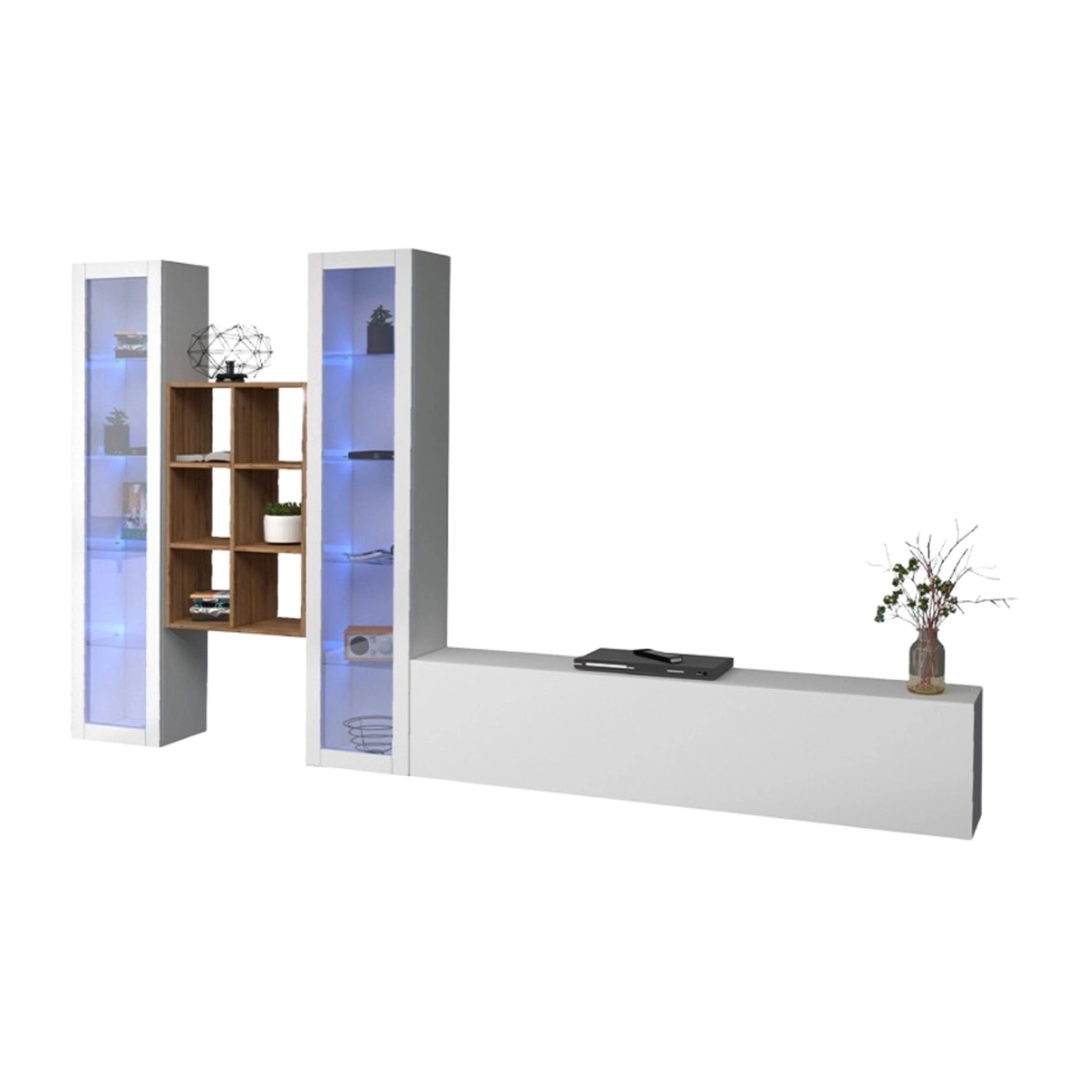 Wall-mounted TV unit white with 2 display cabinets and bookcase Yves WH — 1