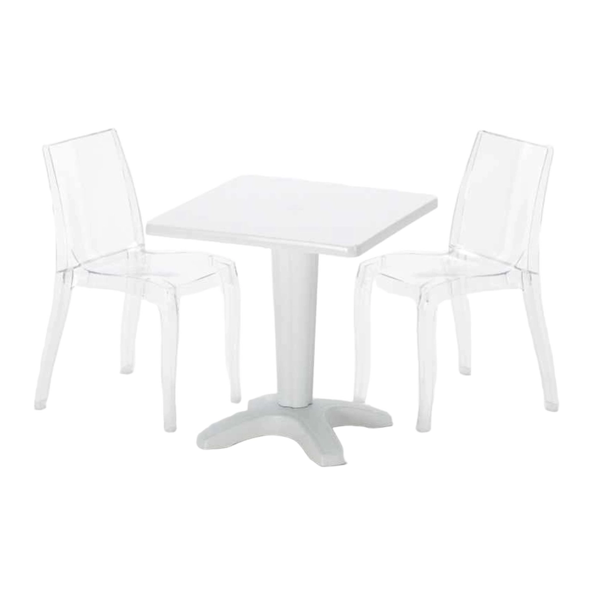 Tavolino Quadrato Bianco 70x70 cm Table with 2 Trasparenti Cristal Light Terrace Chairs — 1