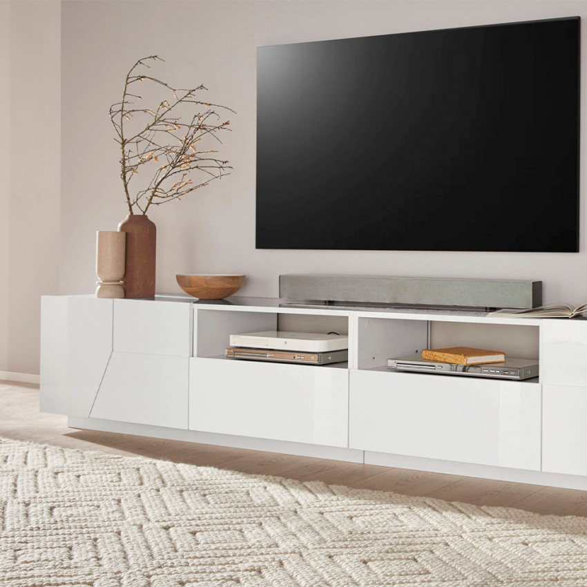Modern TV stand unit 260x43cm glossy white for living room More — 3