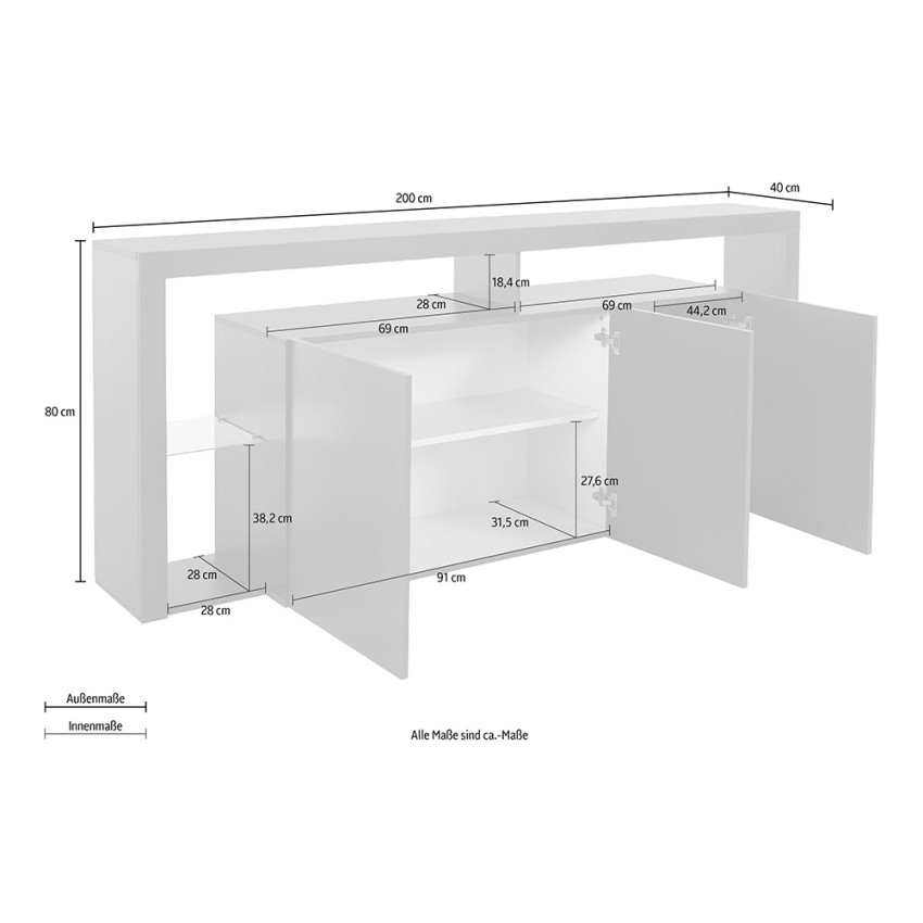 Modern 3-door sideboard 200x40x80cm glass shelves Pibrac Web Furniture — 8