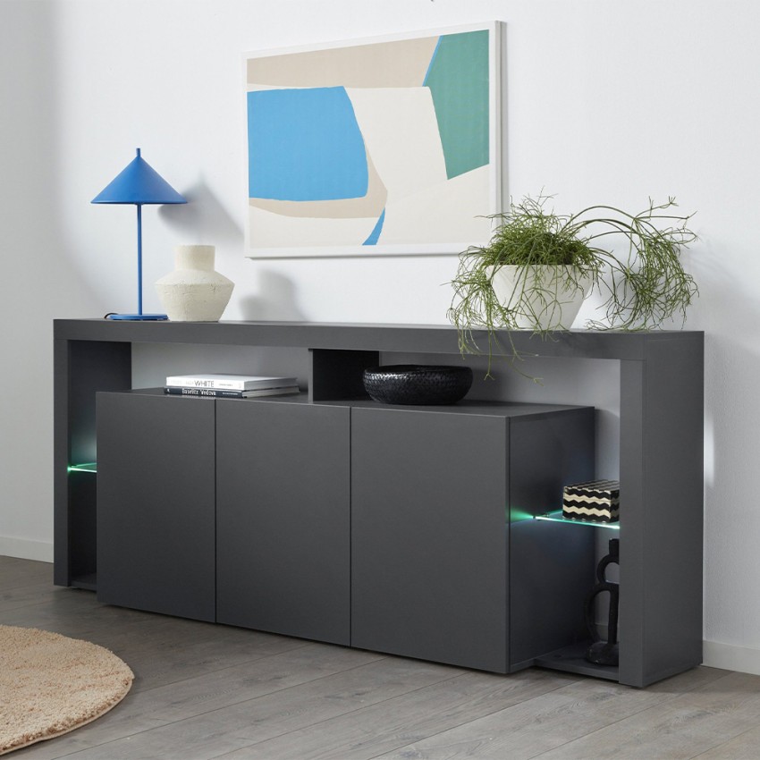 Modern 3-door sideboard 200x40x80cm glass shelves Pibrac Web Furniture — 2