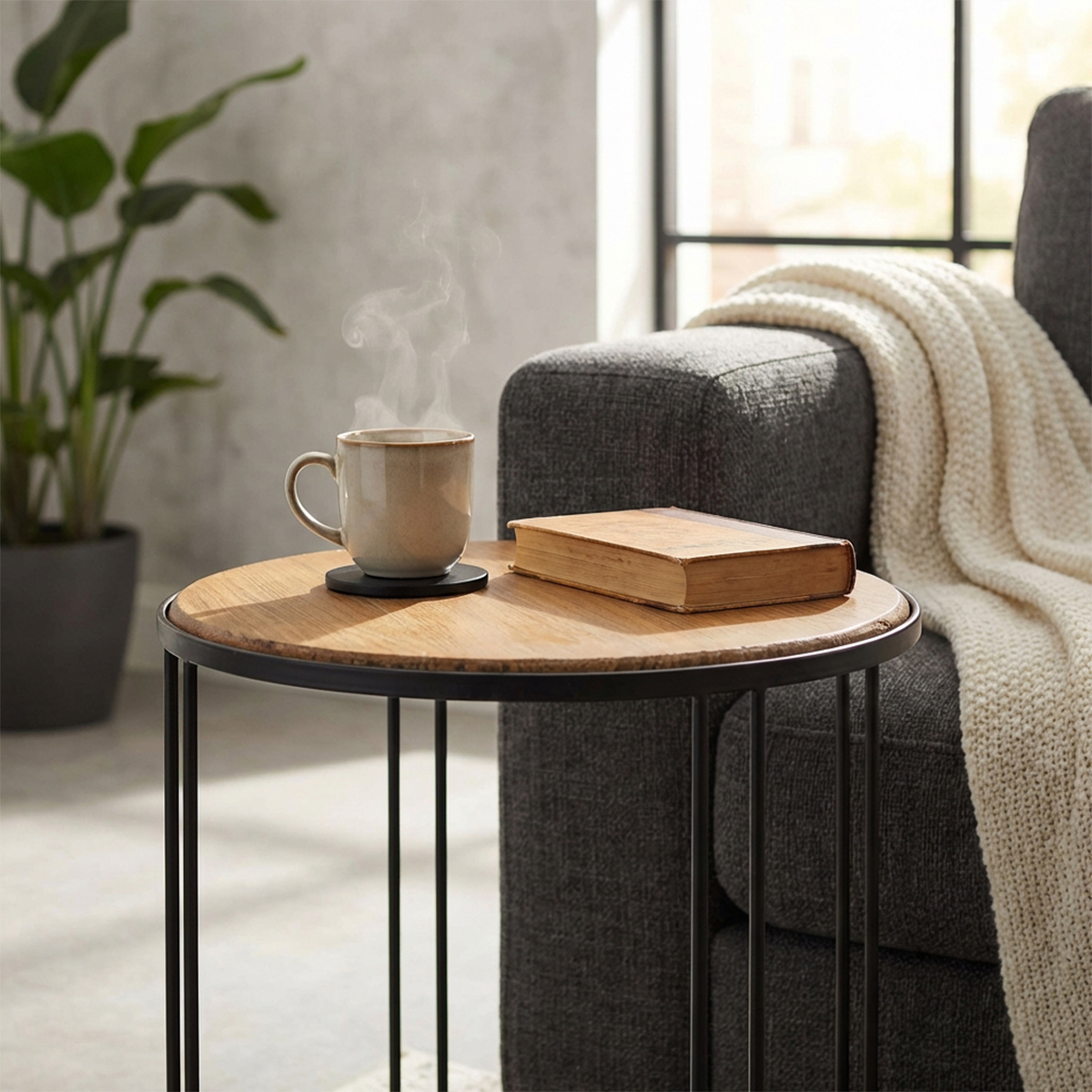 Arkell Round Coffee Table in Wood and Metal Industrial Design — 3