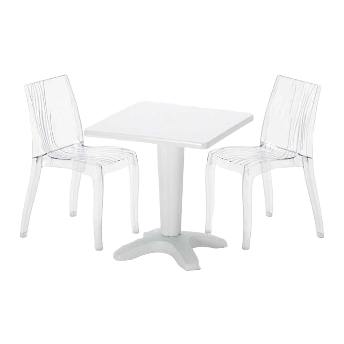 Square White Table 70x70 cm with 2 Trasparenti Dune Chairs Dune Terrace Grand Soleil — 1