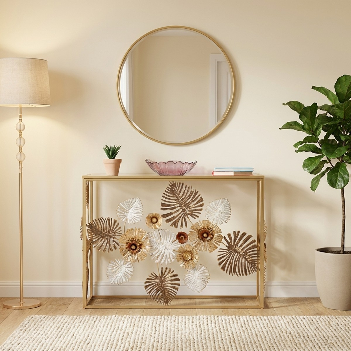 Glam Floris Console Table in Metal with Mirrored Top — 2