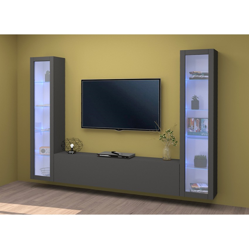 Modern Floating TV Unit and Wall System with 2 Display Cabinets Liv RT — 3