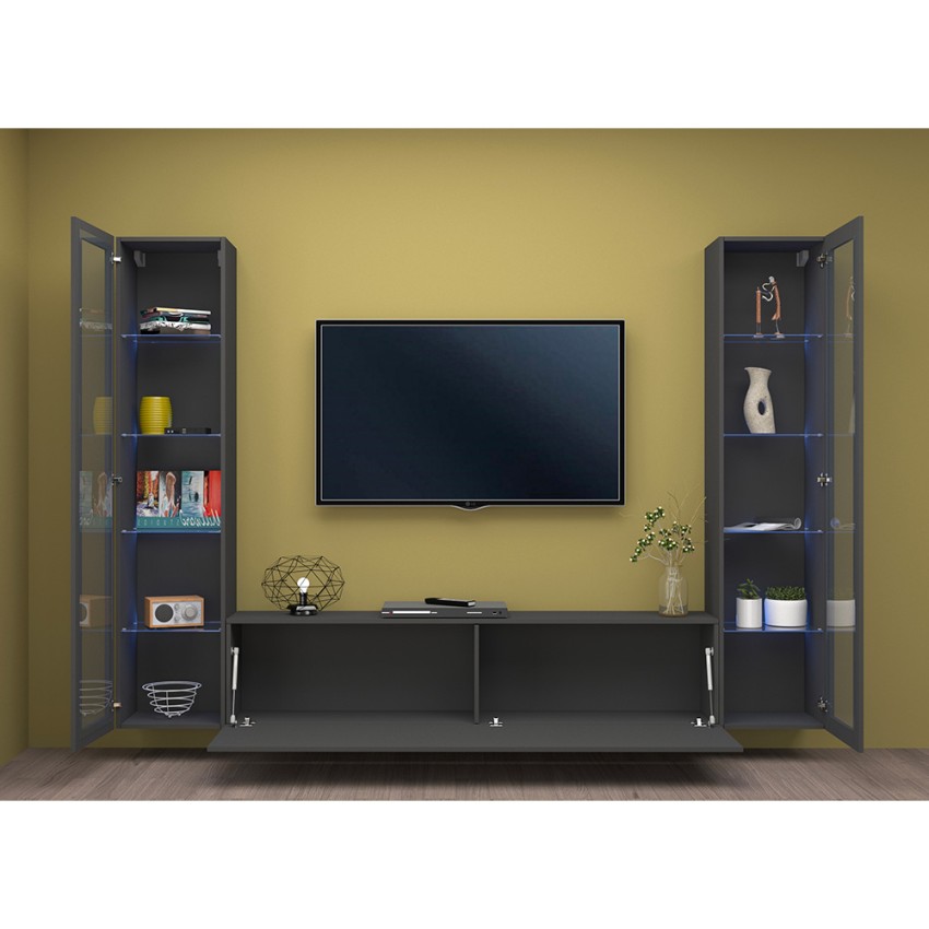 Modern Floating TV Unit and Wall System with 2 Display Cabinets Liv RT — 5