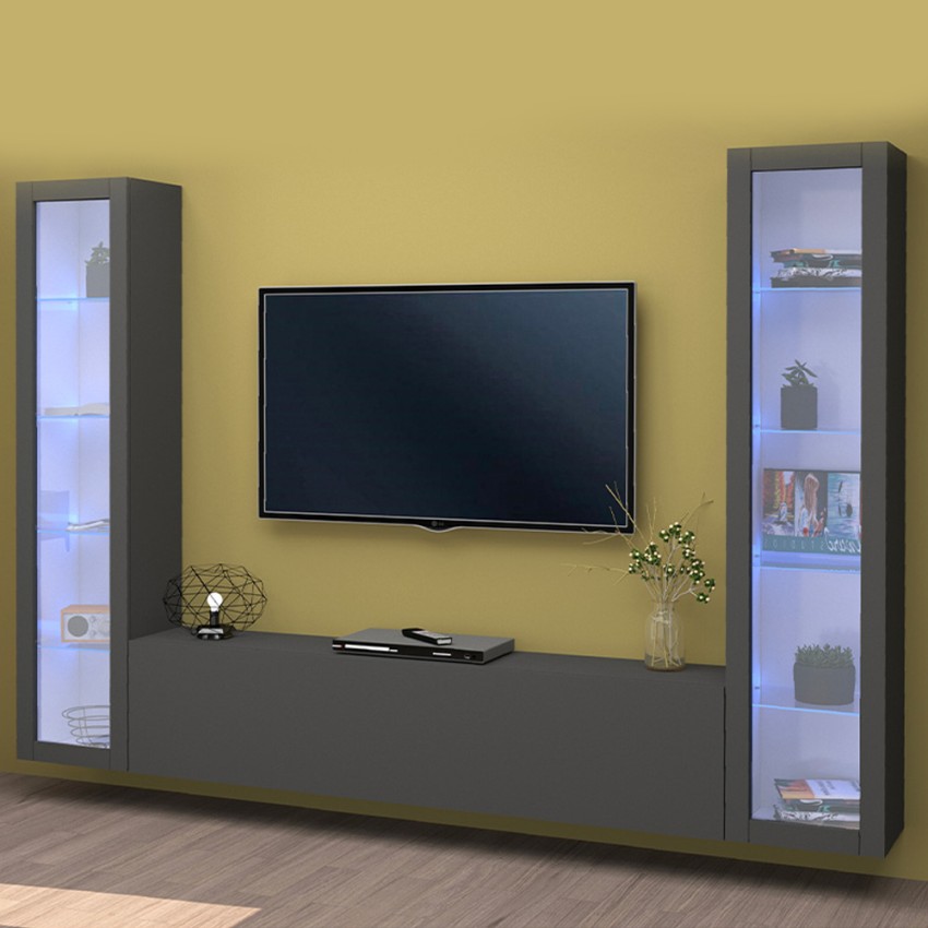 Modern Floating TV Unit and Wall System with 2 Display Cabinets Liv RT — 2