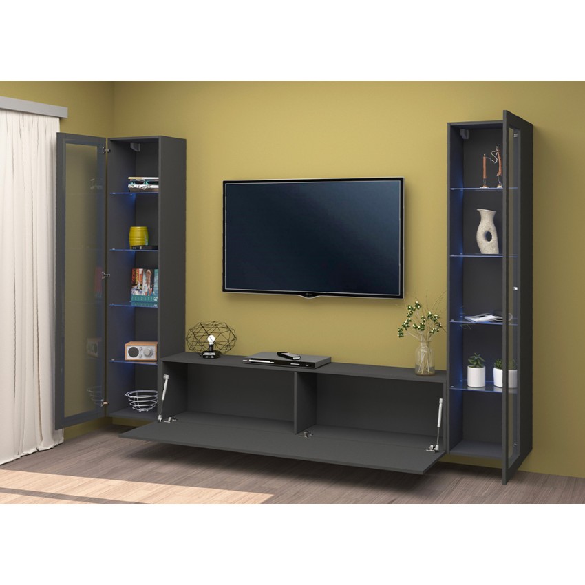 Modern Floating TV Unit and Wall System with 2 Display Cabinets Liv RT — 4