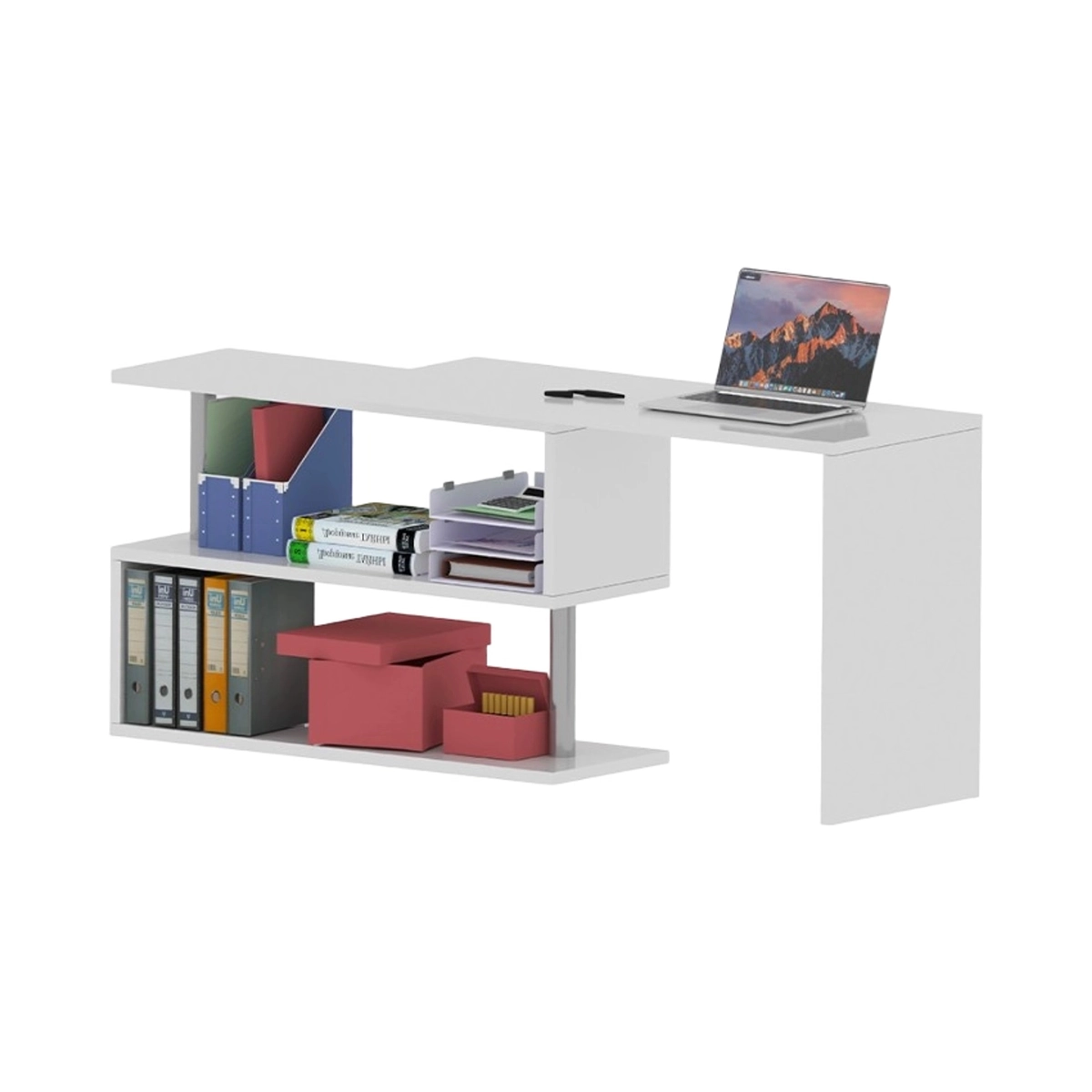 Volta WH Corner Swivel Desk with 2 Open Shelves White — 6