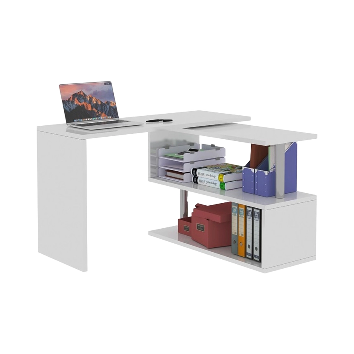 Volta WH Corner Swivel Desk with 2 Open Shelves White — 7