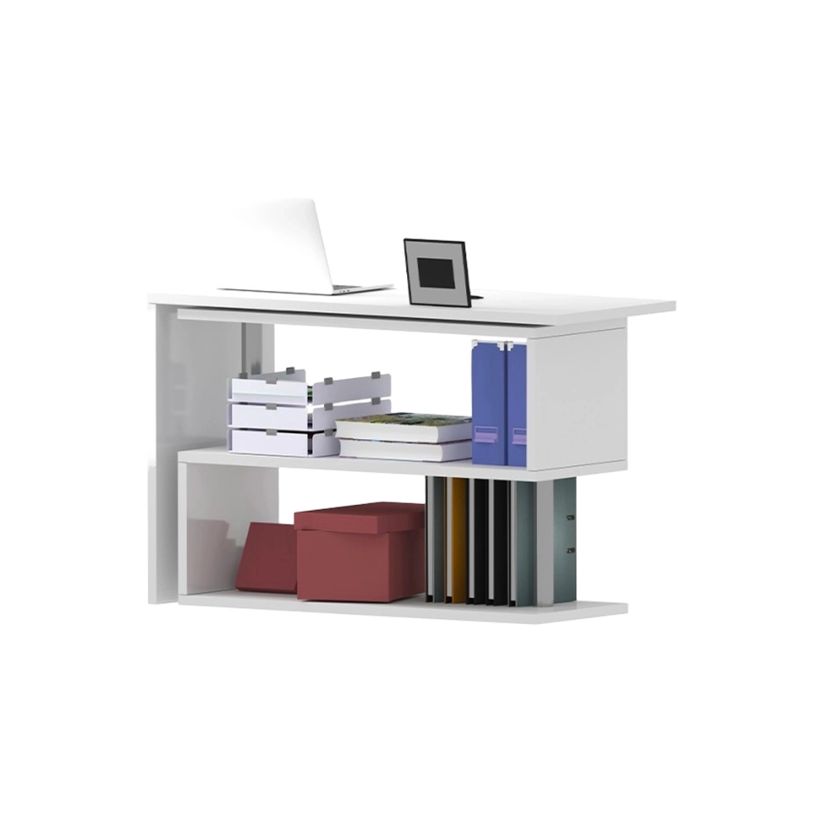 Volta WH Corner Swivel Desk with 2 Open Shelves White — 5