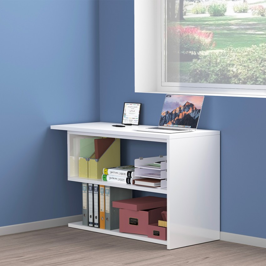 Volta WH Corner Swivel Desk with 2 Open Shelves White — 3
