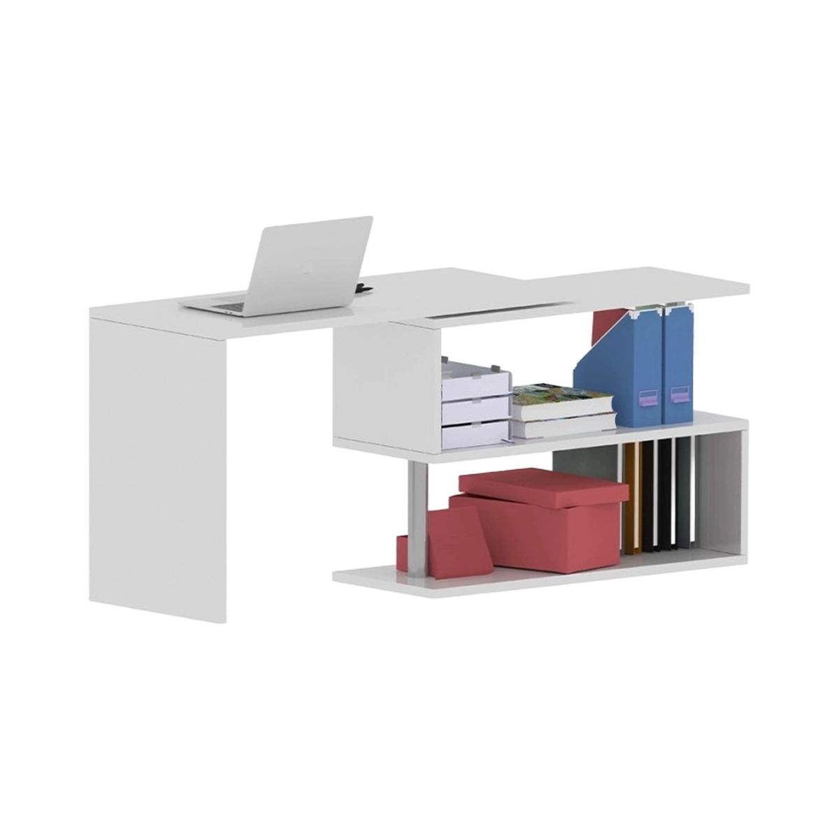 Volta WH Corner Swivel Desk with 2 Open Shelves White — 20