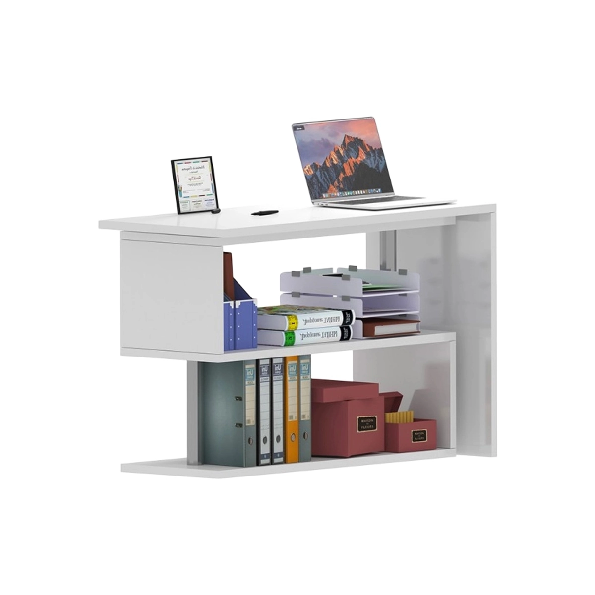 Volta WH Corner Swivel Desk with 2 Open Shelves White — 17