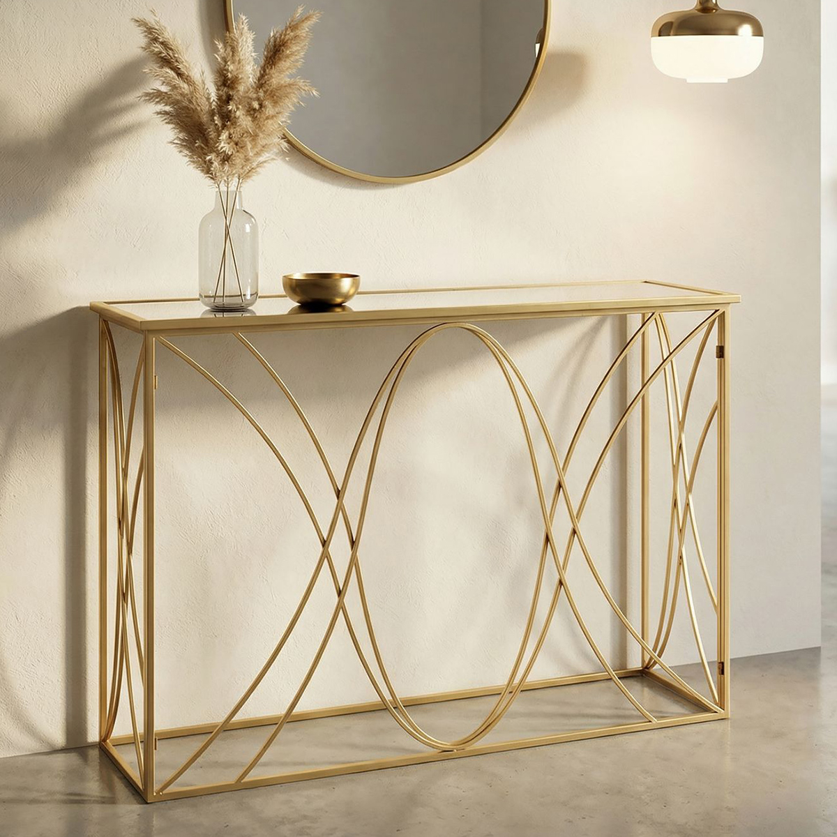 Exy Modern Console Table in Iron with Mirrored Glass Top — 2