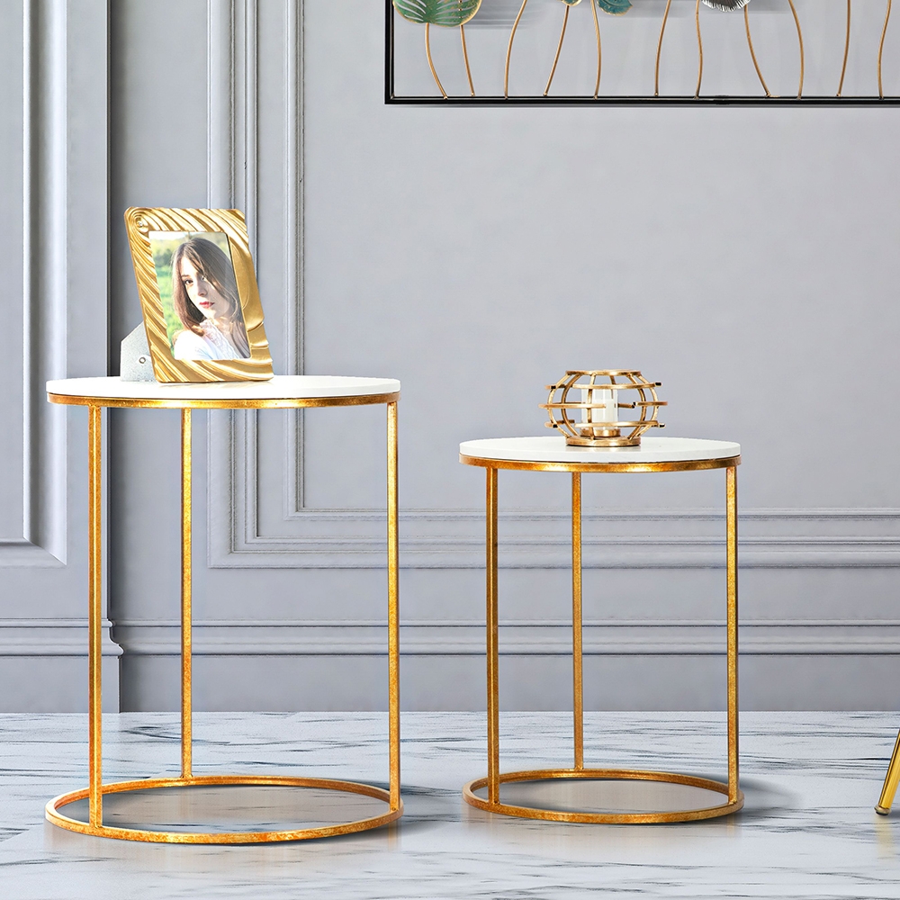 Set of 2 Simply Round Living Room Coffee Tables Gold Metal Marble — 2