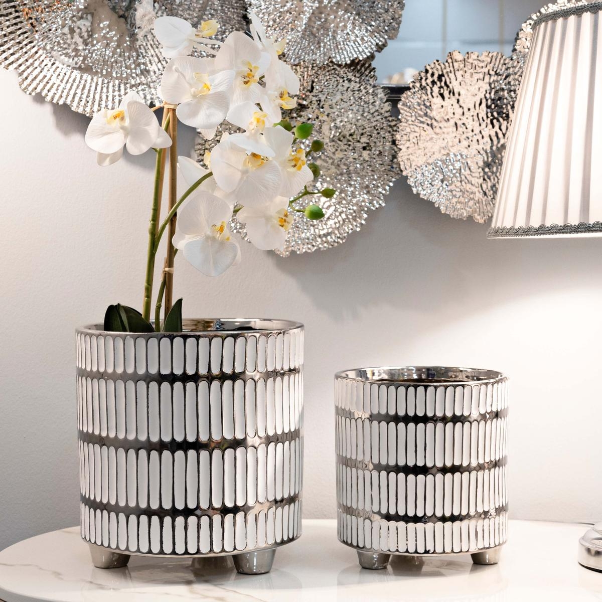 Ray Set of 2 White Ceramic Vases with Silver Accents — 2