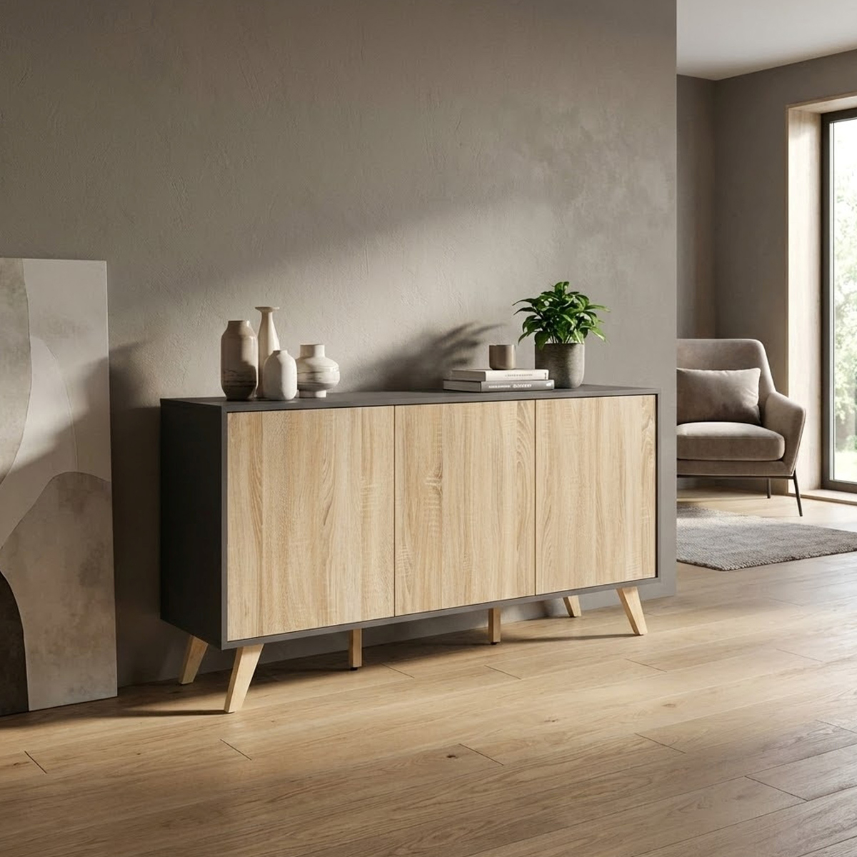 Modern 3-Door Living Room Sideboard in Melamine Elton — 3