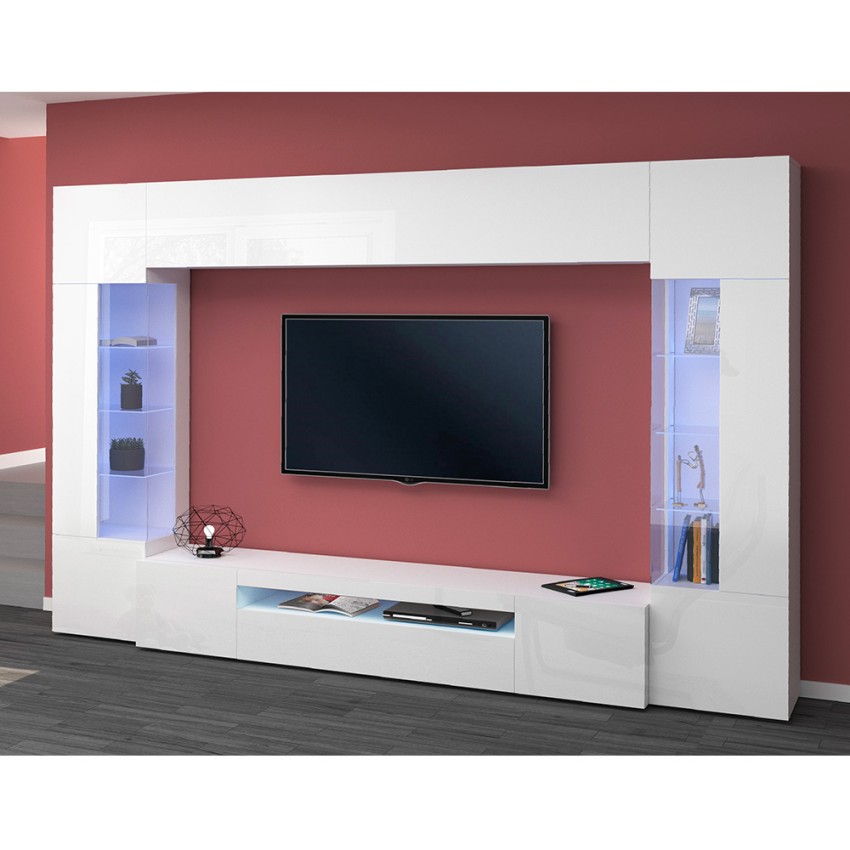 Modern White Living Room Wall Unit with TV Stand and 2 Display Cabinets Sultan WH — 4