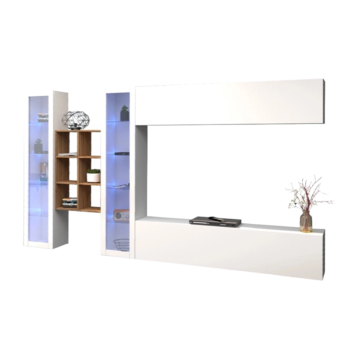 Wall-Mounted White Living Room Unit with TV Stand Bookcase 2 Display Cabinets Kary WH — 8