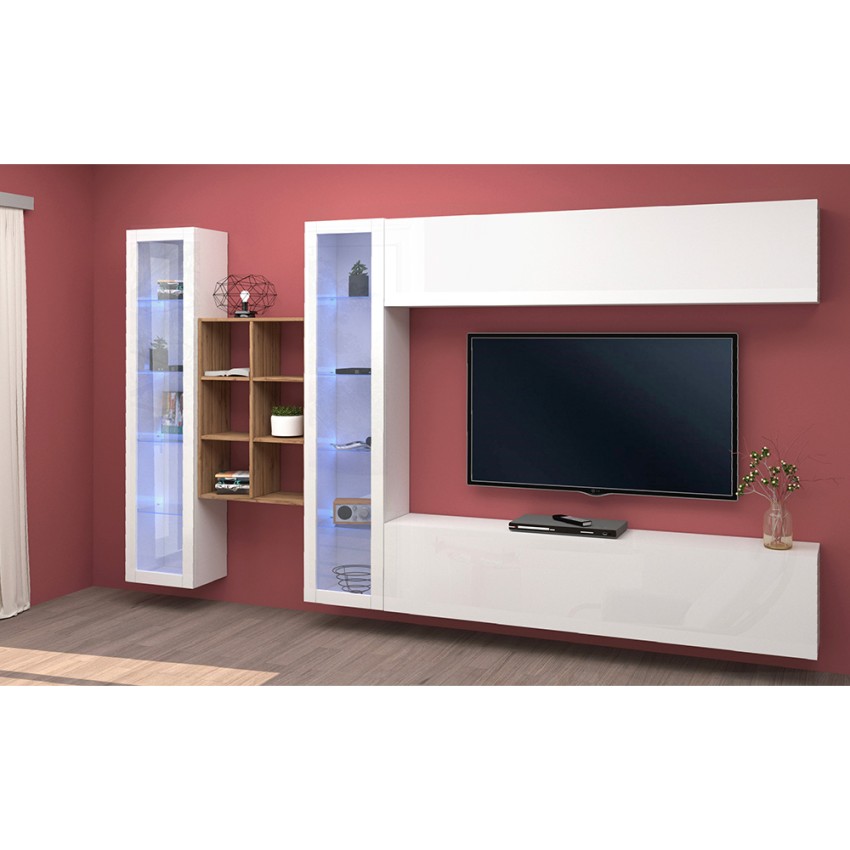 Wall-Mounted White Living Room Unit with TV Stand Bookcase 2 Display Cabinets Kary WH — 4