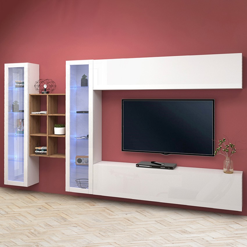 Wall-Mounted White Living Room Unit with TV Stand Bookcase 2 Display Cabinets Kary WH — 2