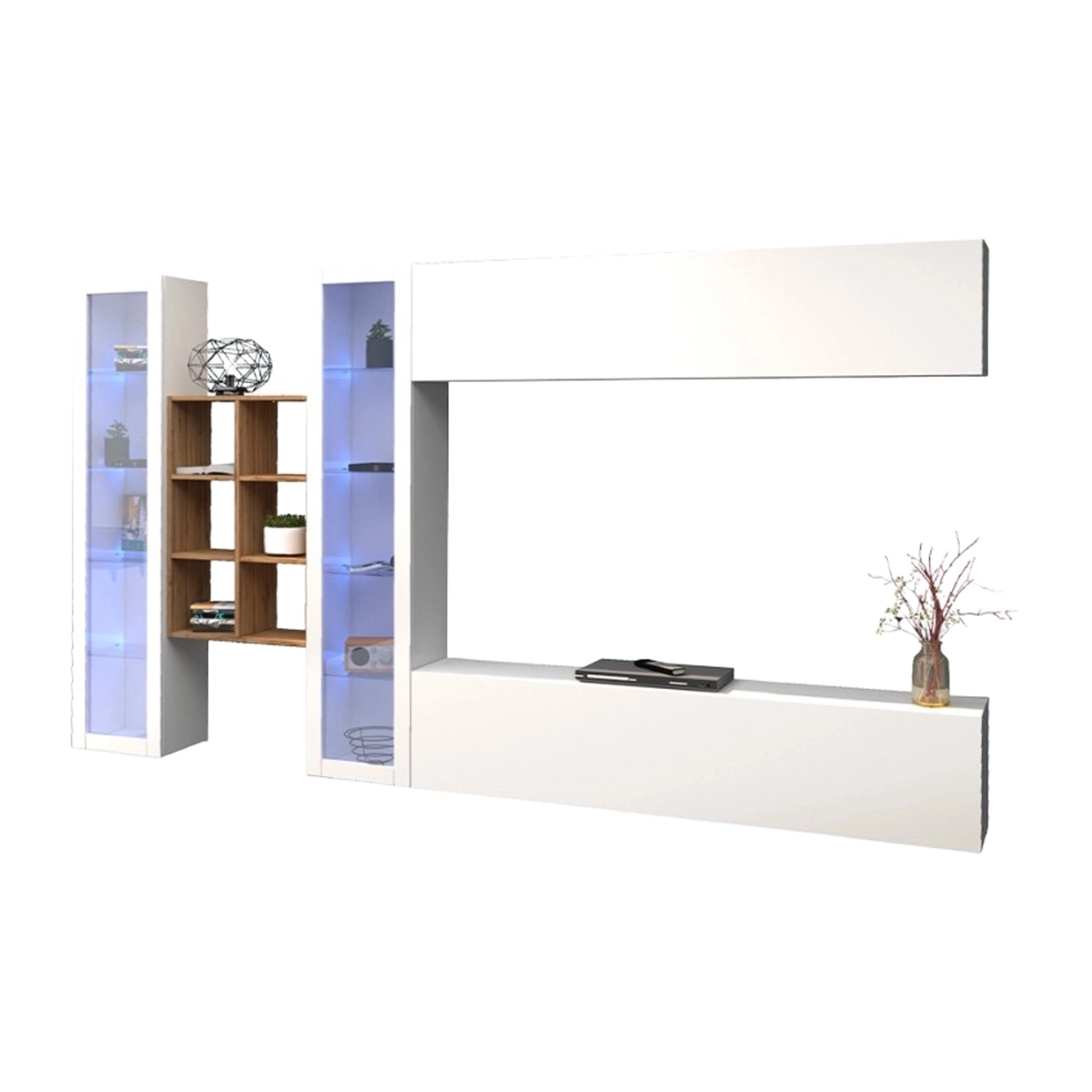 Wall-Mounted White Living Room Unit with TV Stand Bookcase 2 Display Cabinets Kary WH — 1