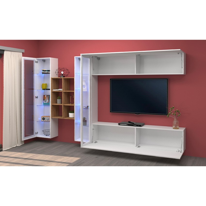 Wall-Mounted White Living Room Unit with TV Stand Bookcase 2 Display Cabinets Kary WH — 5