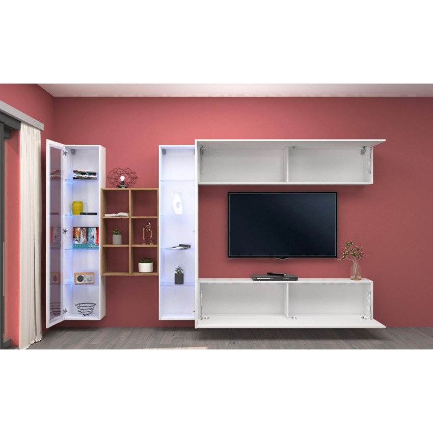 Wall-Mounted White Living Room Unit with TV Stand Bookcase 2 Display Cabinets Kary WH — 3